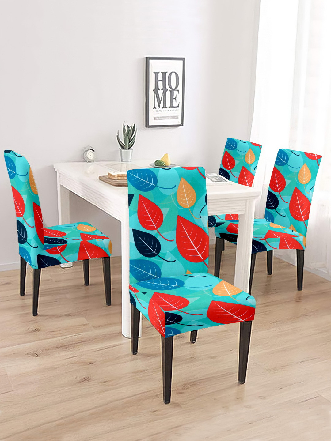 Cortina Sea Green & Red 4 Pcs Printed Super Stretchable Chair Covers