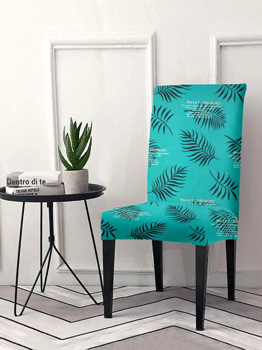 Cortina Teal Green & Black Leaf Printed Chair Cover