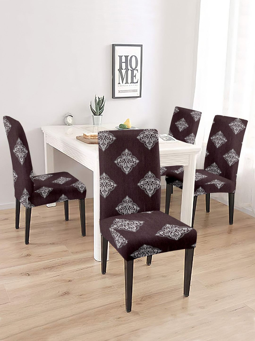 Cortina Brown & White 4 Pieces Ethnic Motifs Printed Chair Covers