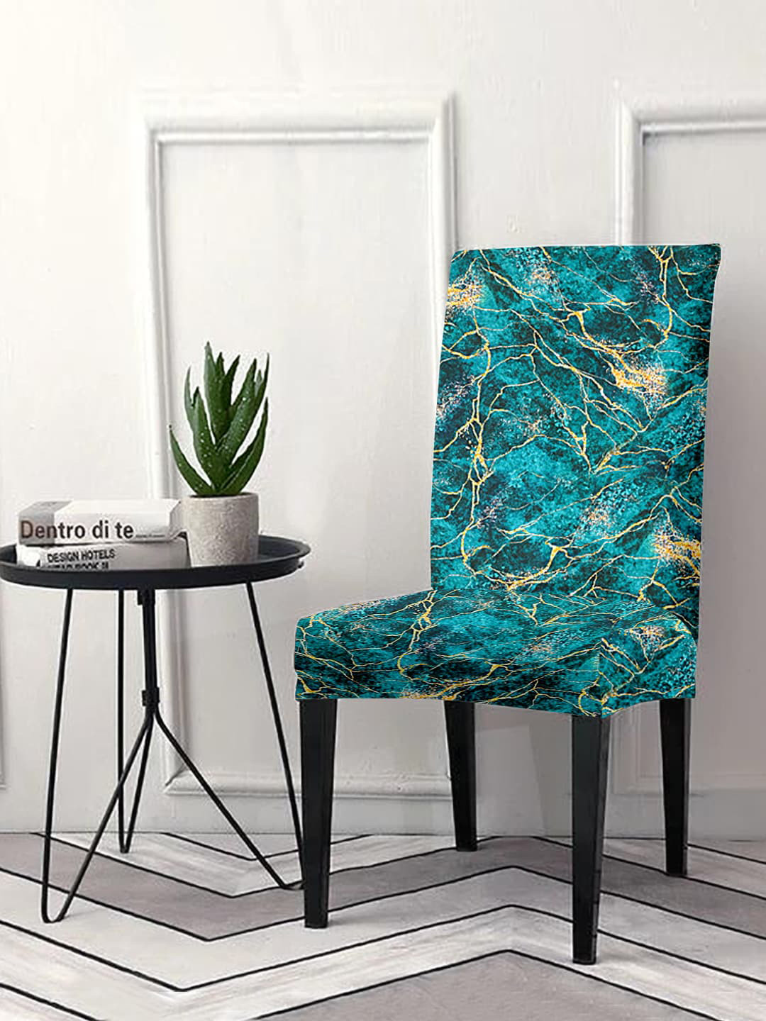 Cortina Teal Green Abstract Printed Super-Stretchable Chair Cover