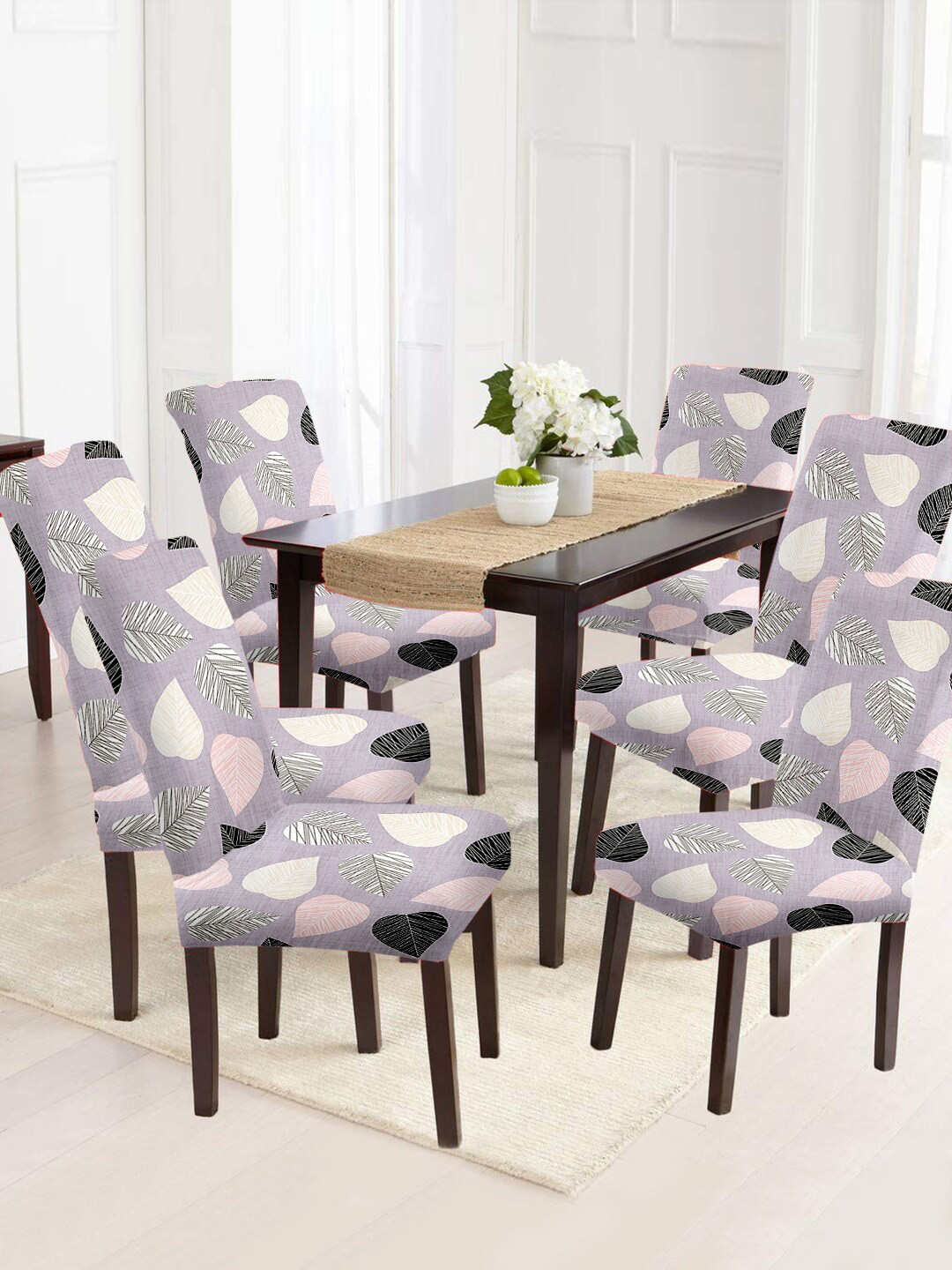 Cortina Lavender & White 6 Pcs Leaf Printed Super Stretchable Chair Covers