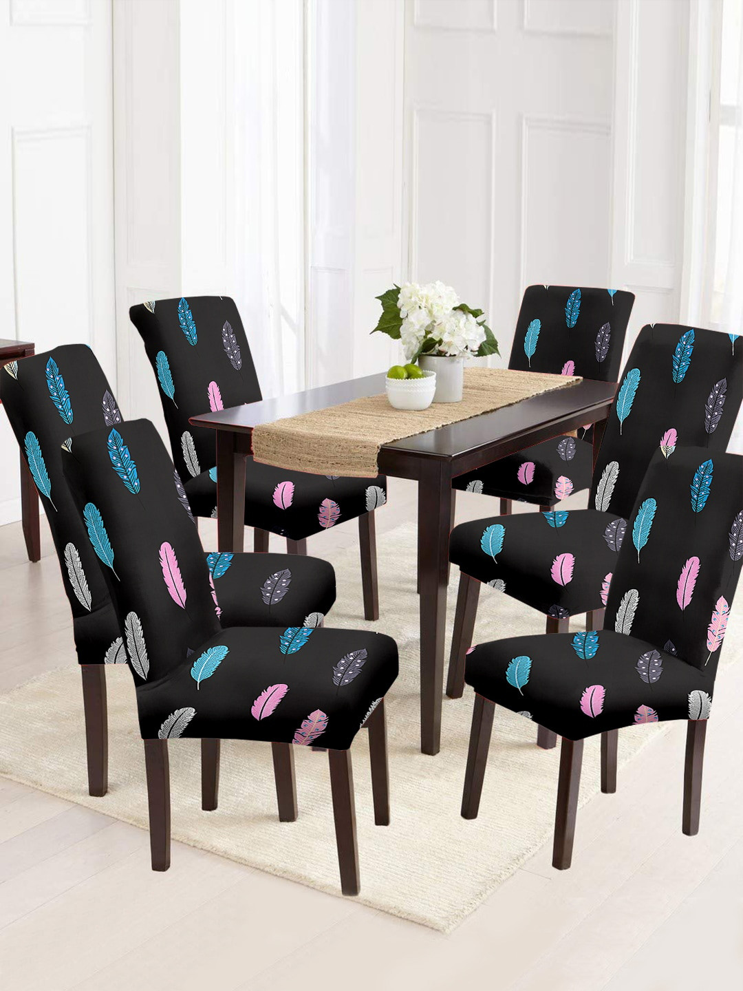 Cortina Black & Blue 6 Pcs Feather Printed Chair Covers