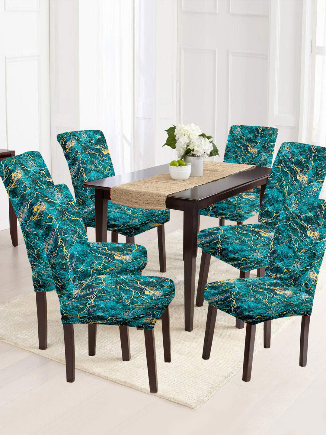 Cortina Teal Blue & Gold Toned 6 Pcs Abstract Printed Chair Covers