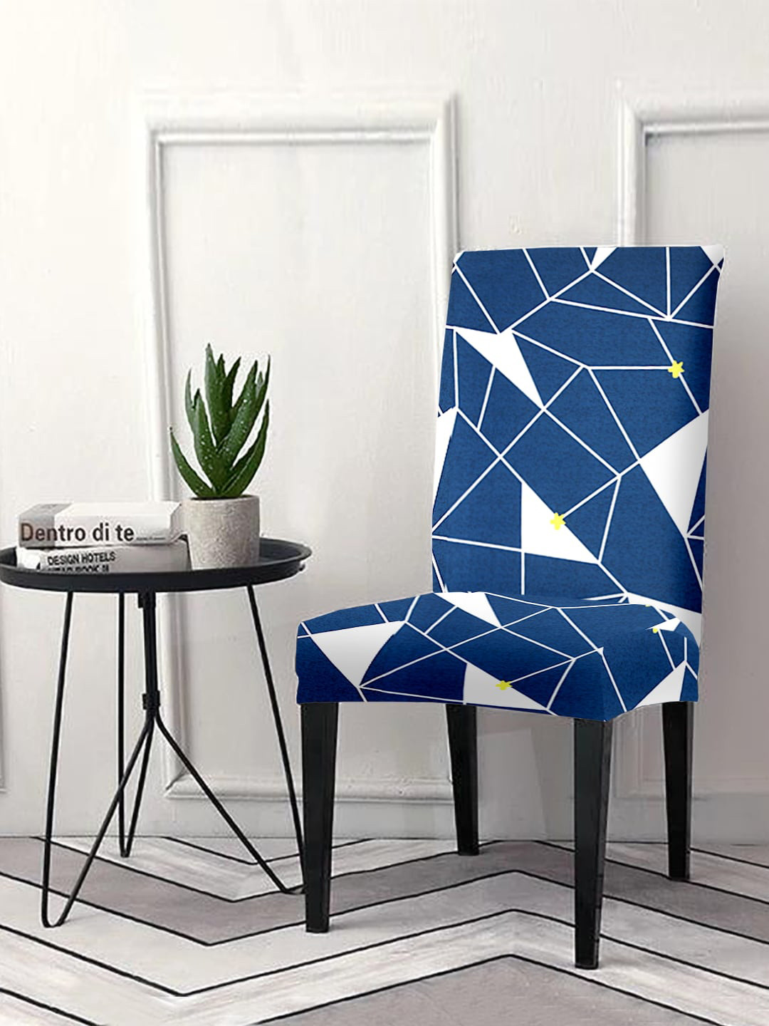 Cortina Blue & White Geometric Printed Super-Stretchable Anti-Slip Chair Cover