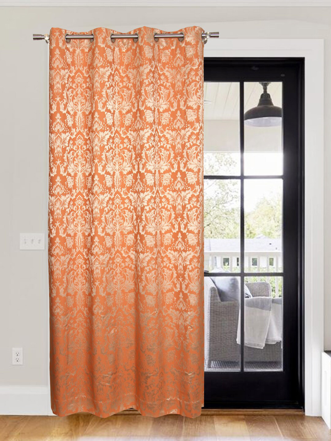 Home Fiore Orange & White Floral Jacquard Room Darkening Door Curtain
