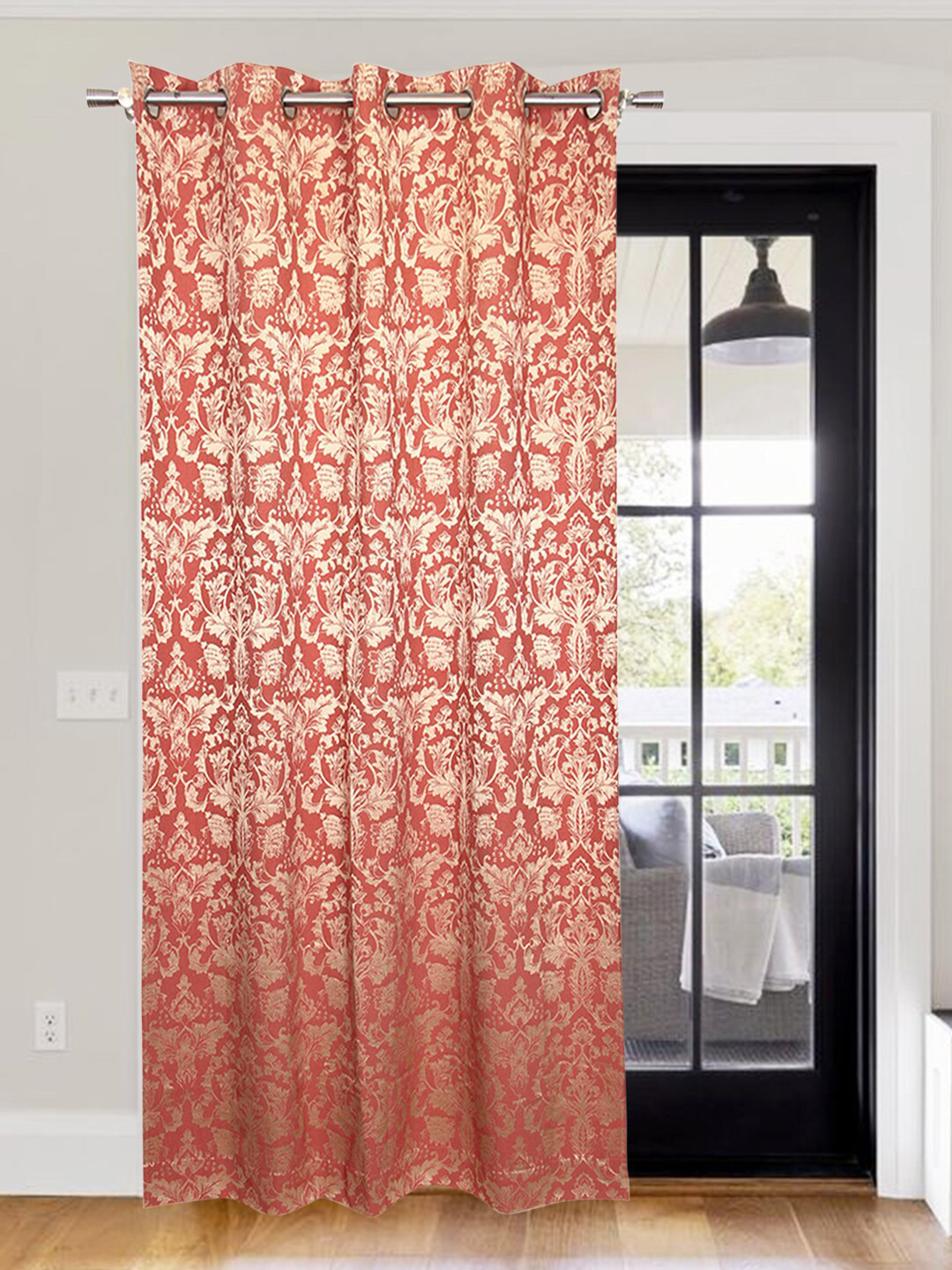 Home Fiore Red & Cream-Coloured Floral Jacquard Room Darkening Long Door Curtain