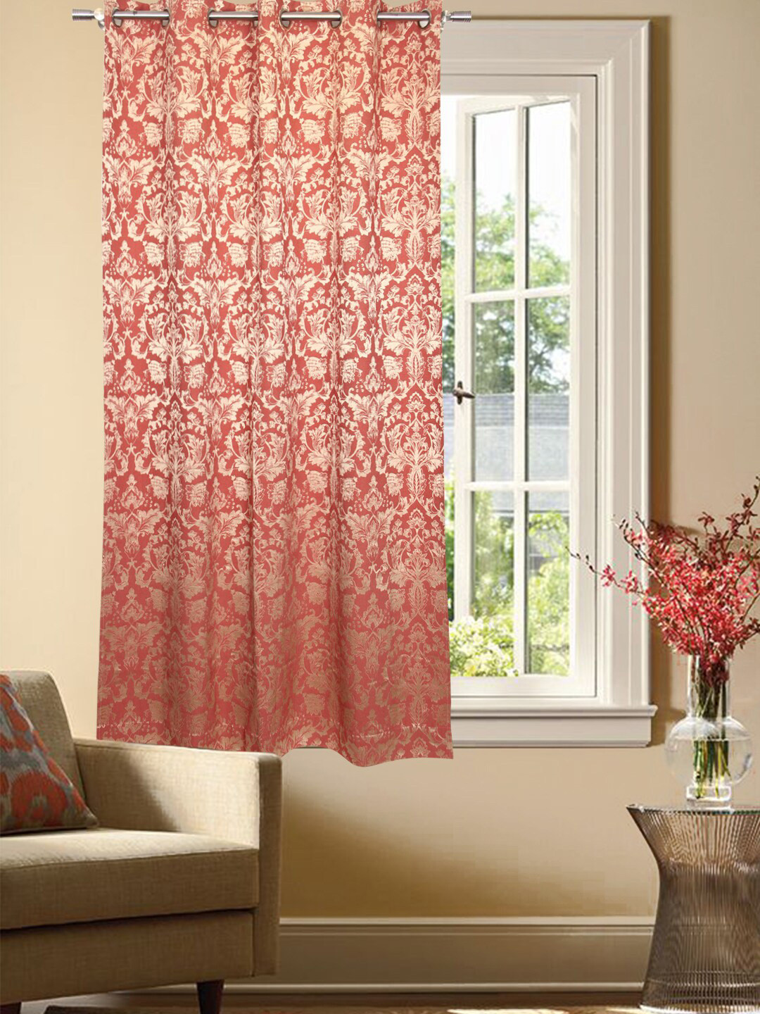 Home Fiore Red & Off White Floral Jacquard Room Darkening Door Curtain