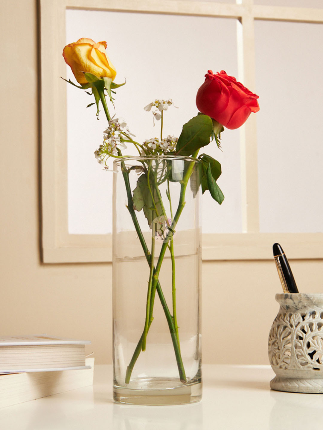 BS AMOR Transparent Cylindrical Glass Flower Vase