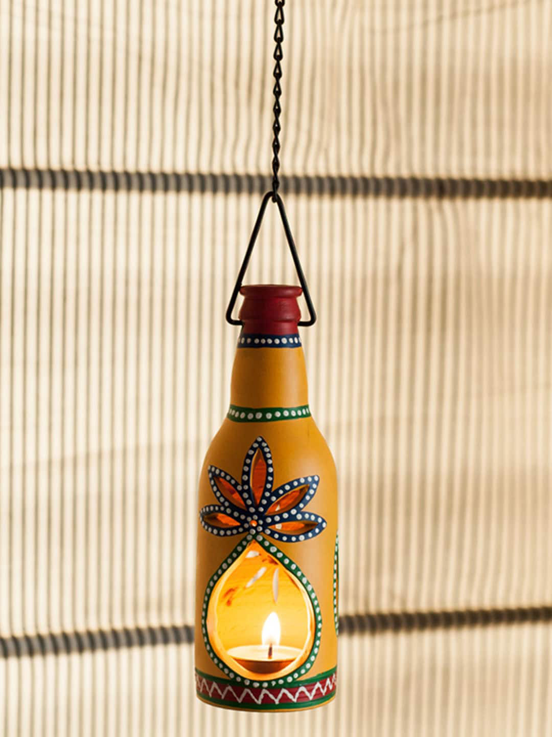 ExclusiveLane Yellow Printed Bottle Shaped Hanging Cum Table Tea Light Holder