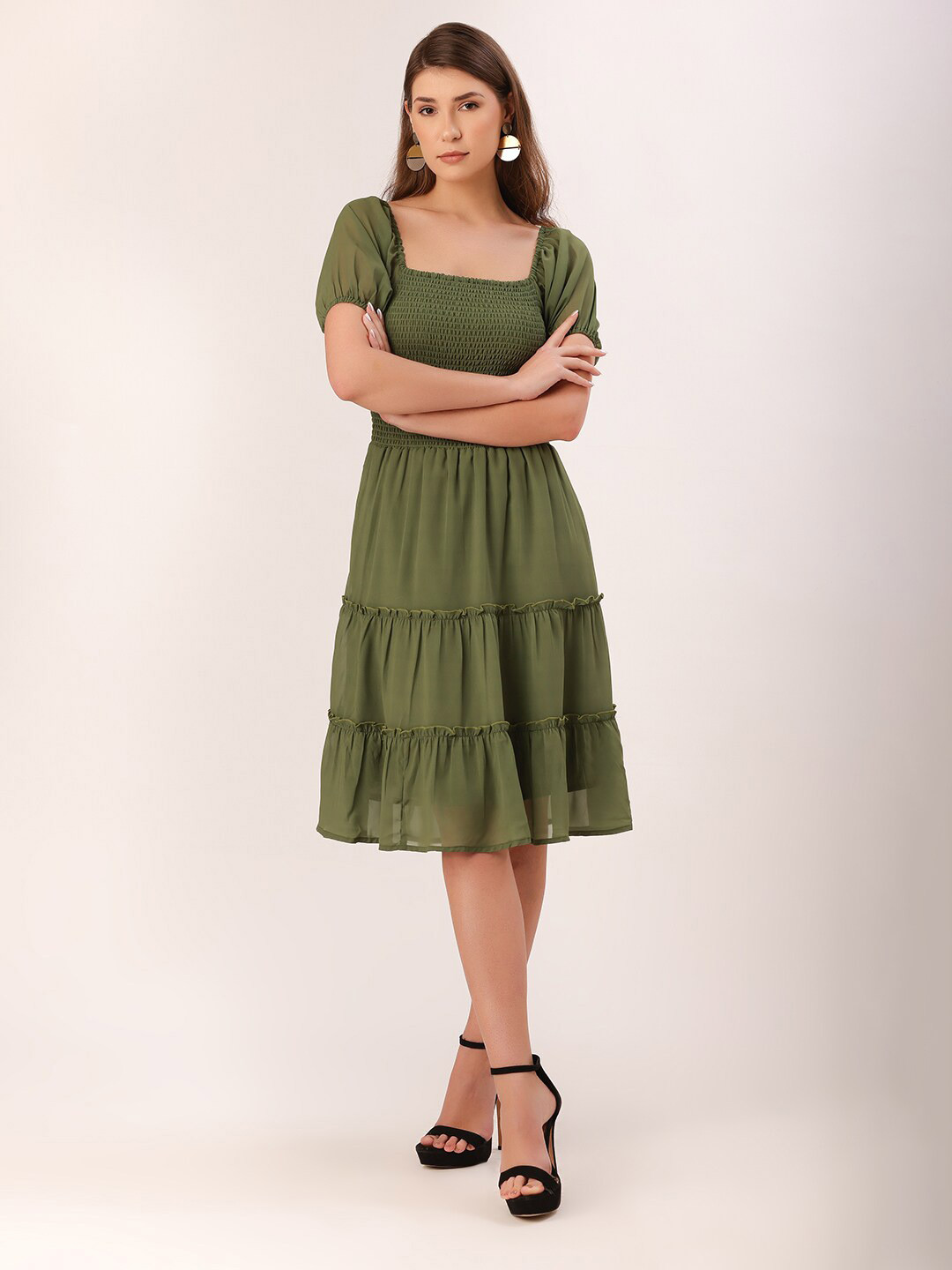DressBerry Square Neck Puff Sleeves Smocked Georgette A-Line Dress