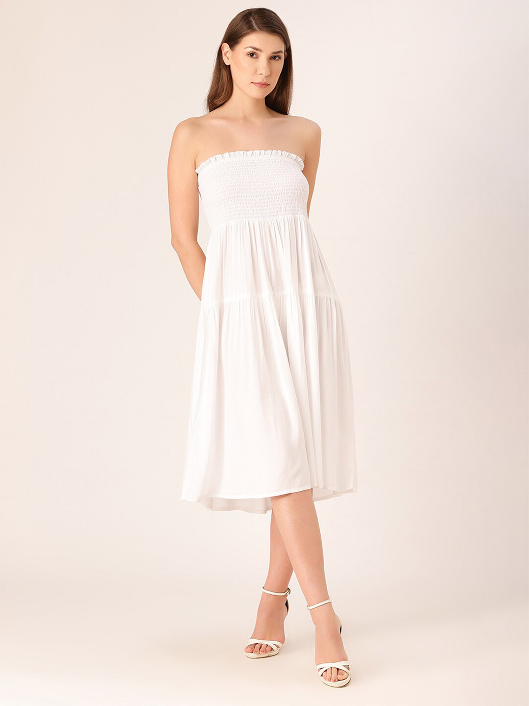 DressBerry Smocked Strapless Midi A-Line Dress