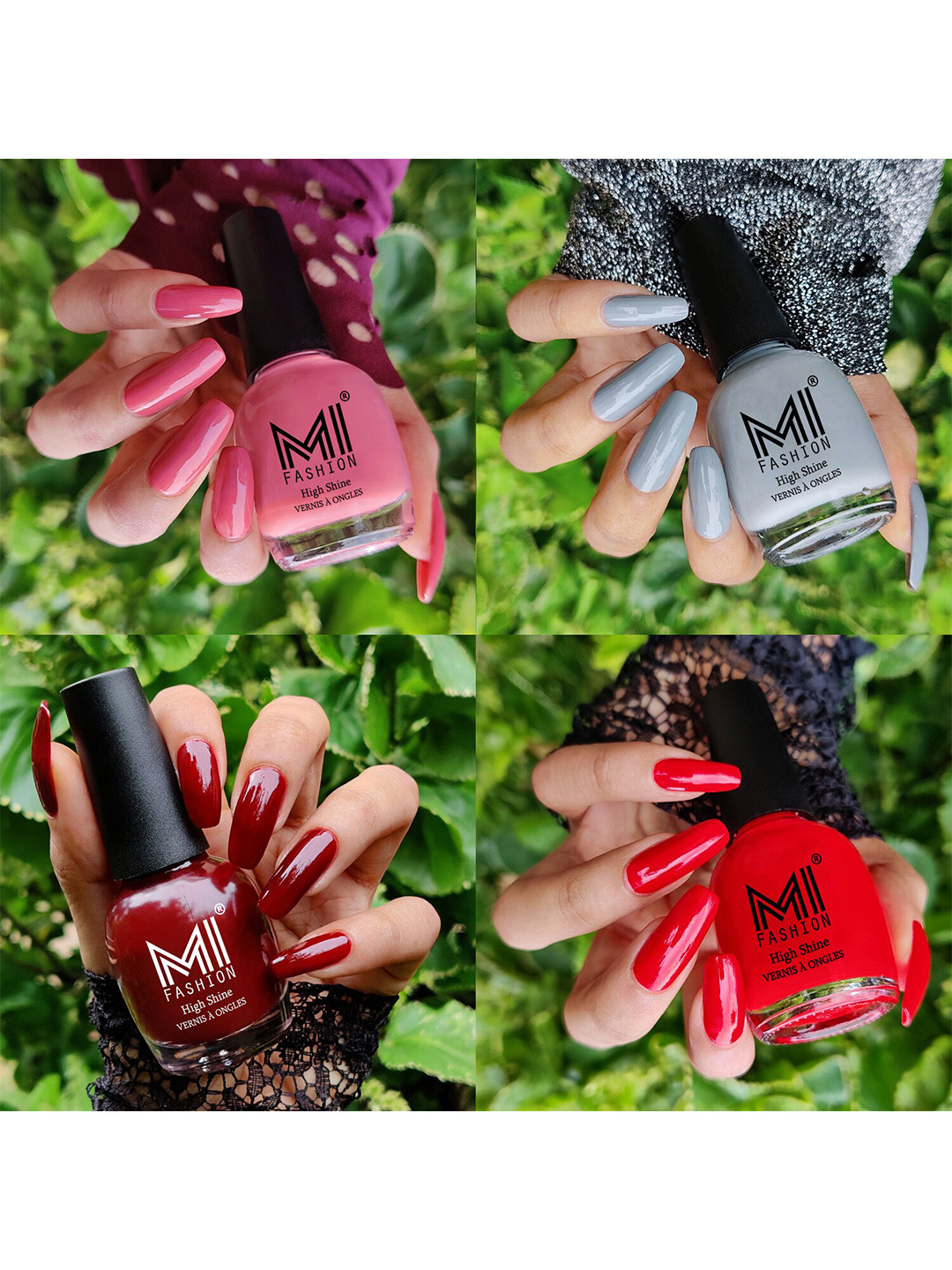 MI FASHION Set of 4 High Shine Long-Lasting Nail Lacquer 15 ml Each-Candy Cotton 23 - Grey 41 - Wine Maroon 44 - Red 71