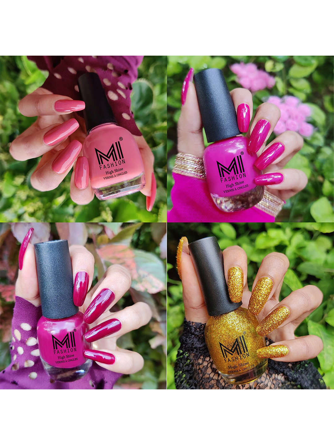 MI FASHION Set of 4 High Shine Long-Lasting Nail Lacquer 15 ml Each-Candy Cotton 23 - Plum 32 - Wine 34 - Golden Gold 86