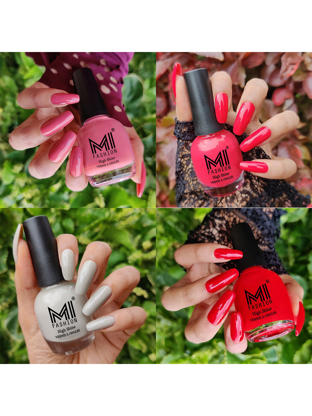 MI FASHION Set of 4 High Shine Long-Lasting Nail Lacquer 15 ml Each-Candy Cotton 23 - Light Pink 56 - Light Nude 68 - Red 71