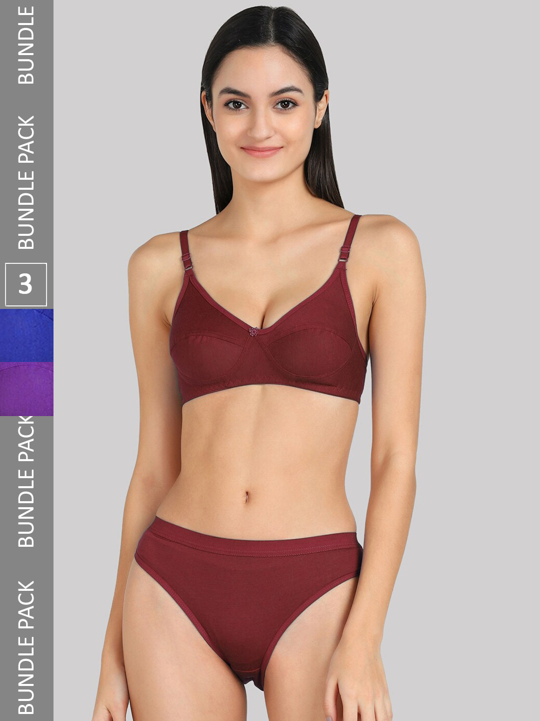 AROUSY Pack Of 3 Non-Padded Cotton Lingerie Set E_A-Ruchii-Set_Blue,Purple,Maroon_30