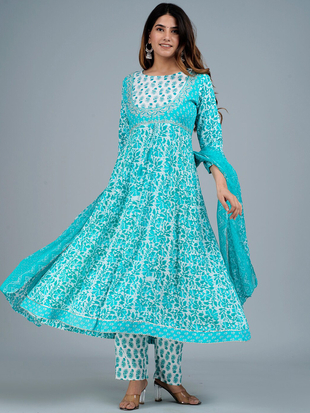 KALINI Floral Printed Beads and Stones Kurta with Trousers & Dupatta