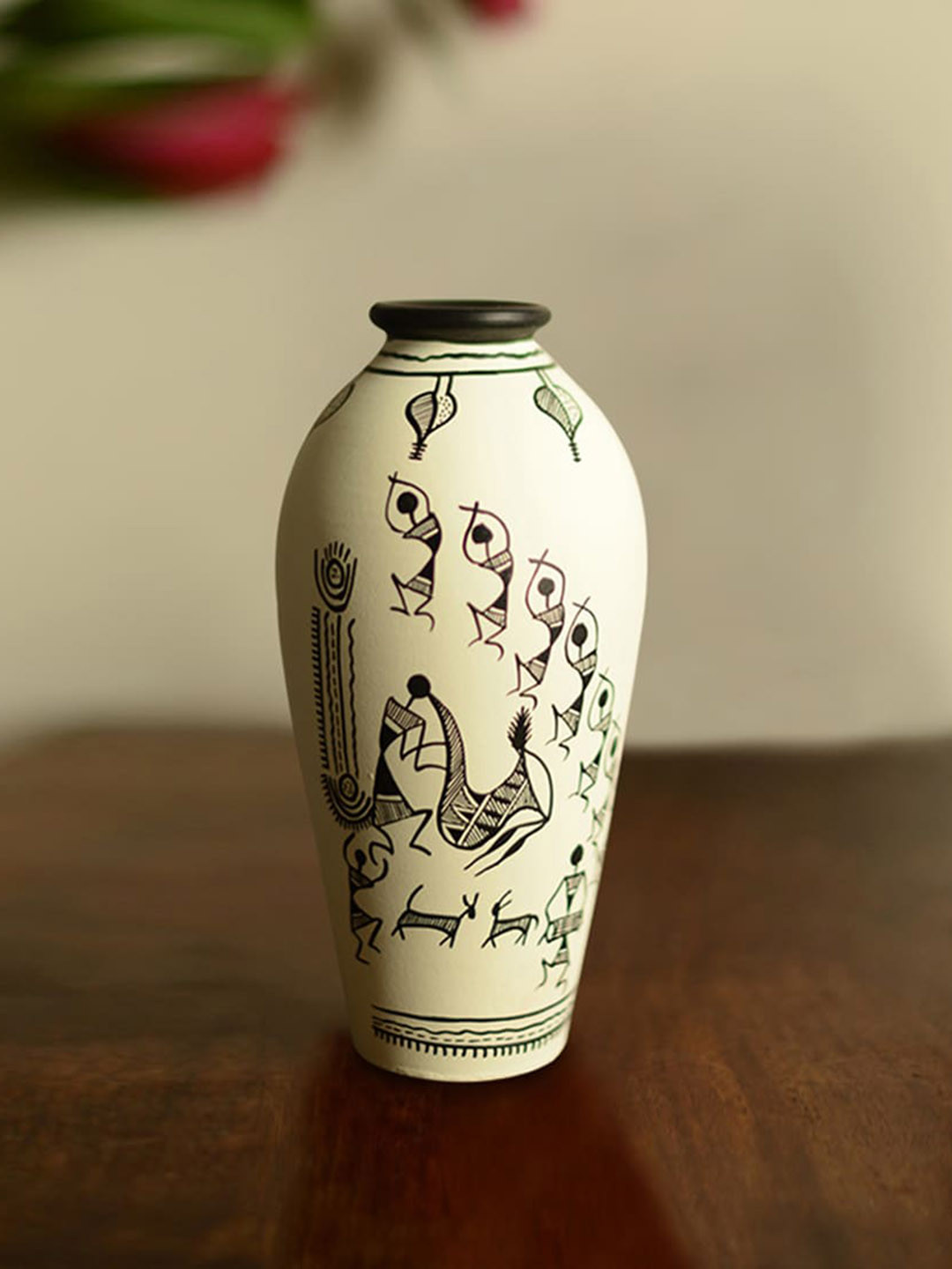 ExclusiveLane White & Black Printed Warli Round-Shaped Terracotta Vase