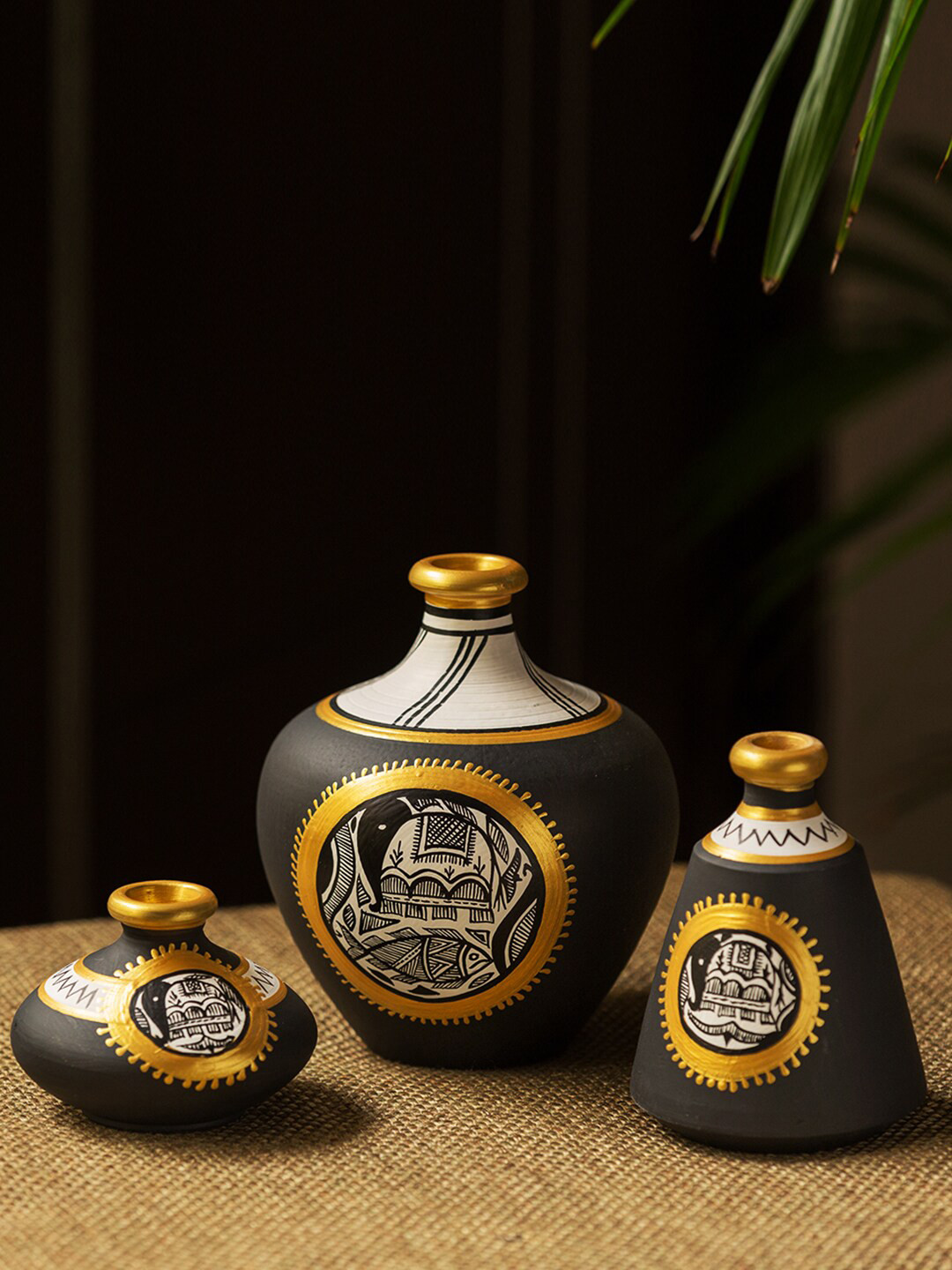 ExclusiveLane 3 Pcs Black & Gold-Toned Printed Terracotta Flower Vases
