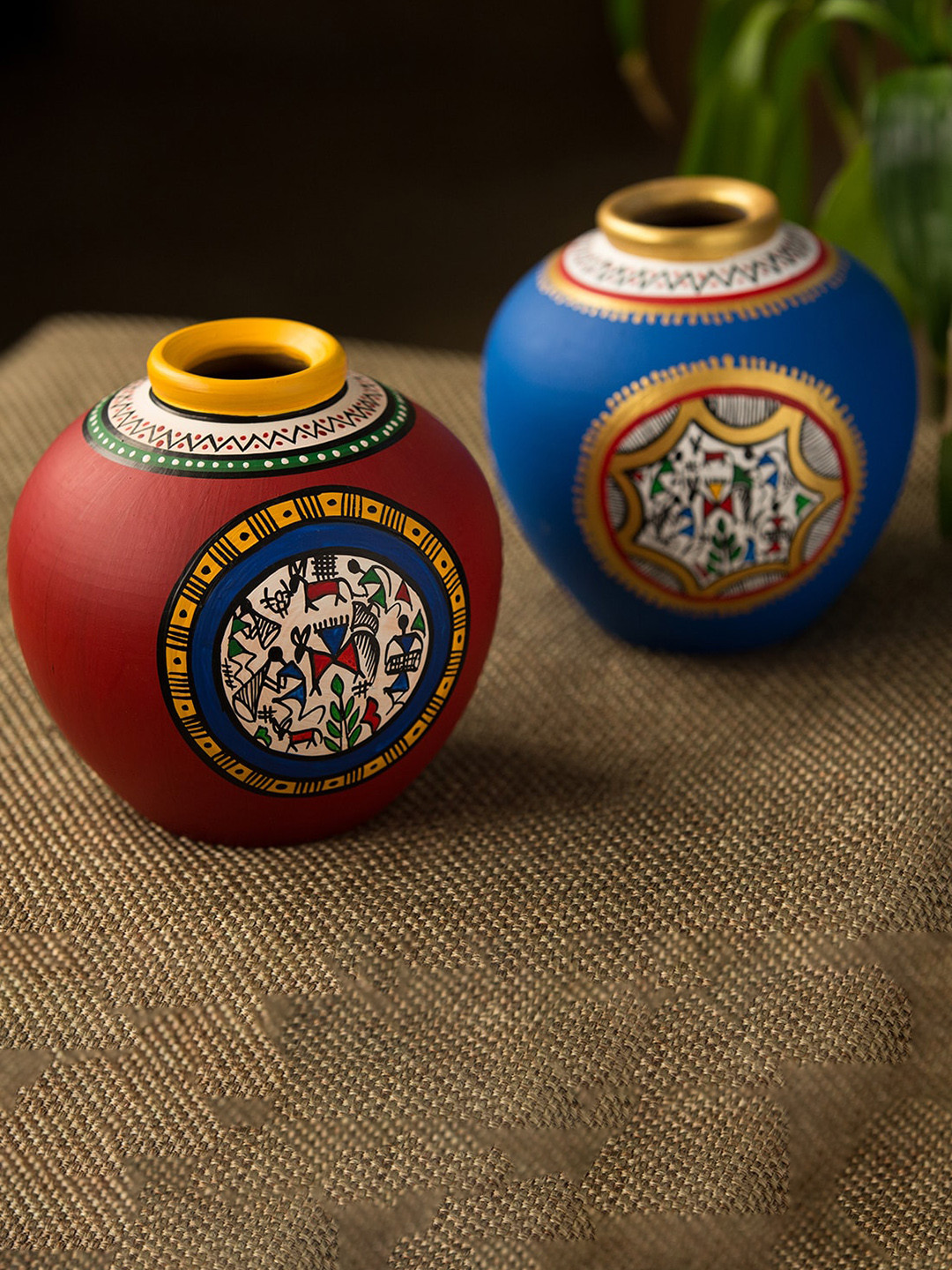 ExclusiveLane 2 Pcs Blue & Maroon Printed Terracotta Vases