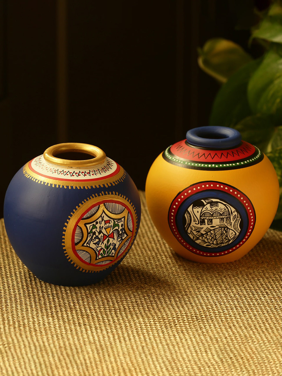 ExclusiveLane Navy Blue & Mustard Yellow Printed Terracotta Vases