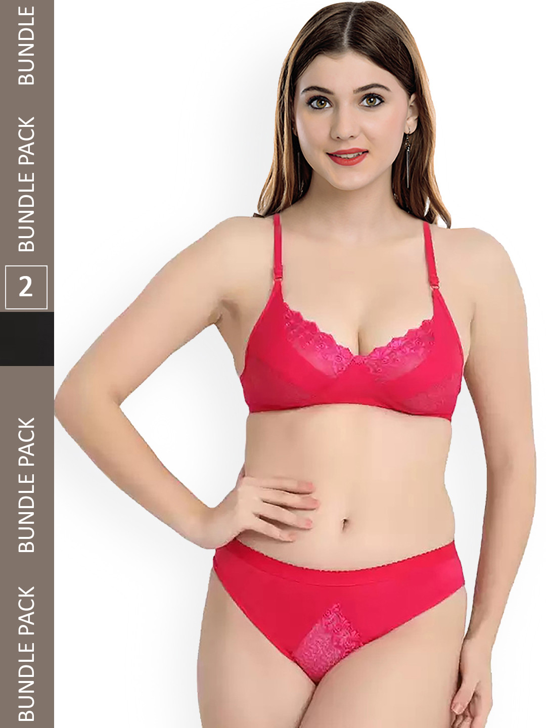 AROUSY Women Set Of 2 Self-Design Lace Cotton Lingerie Set M_Mia Set_Red,Black_30