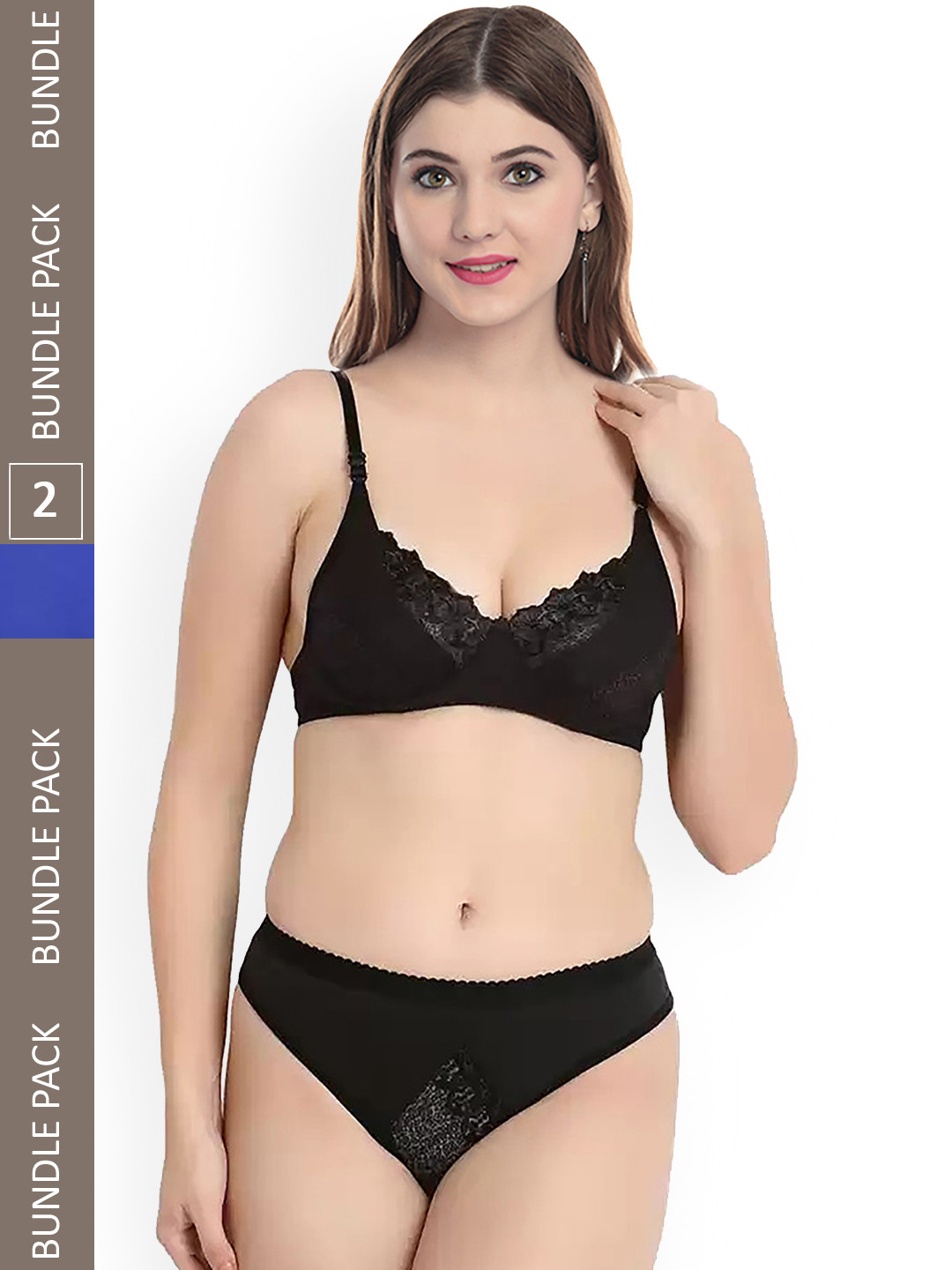 AROUSY Women Pack Of 2 Self-Design Lace Cotton Lingerie Set M_Mia Set_Black,Blue_30