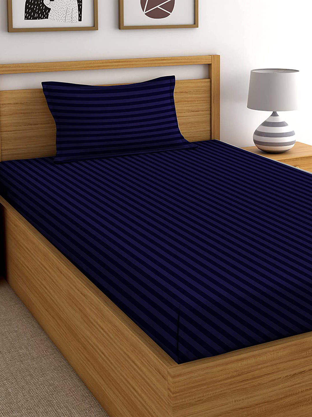 Bajo's Sartin Navy Blue Striped Cotton 220 TC Single Fine Bedsheet with a Pillow Cover-59 x 90 inches