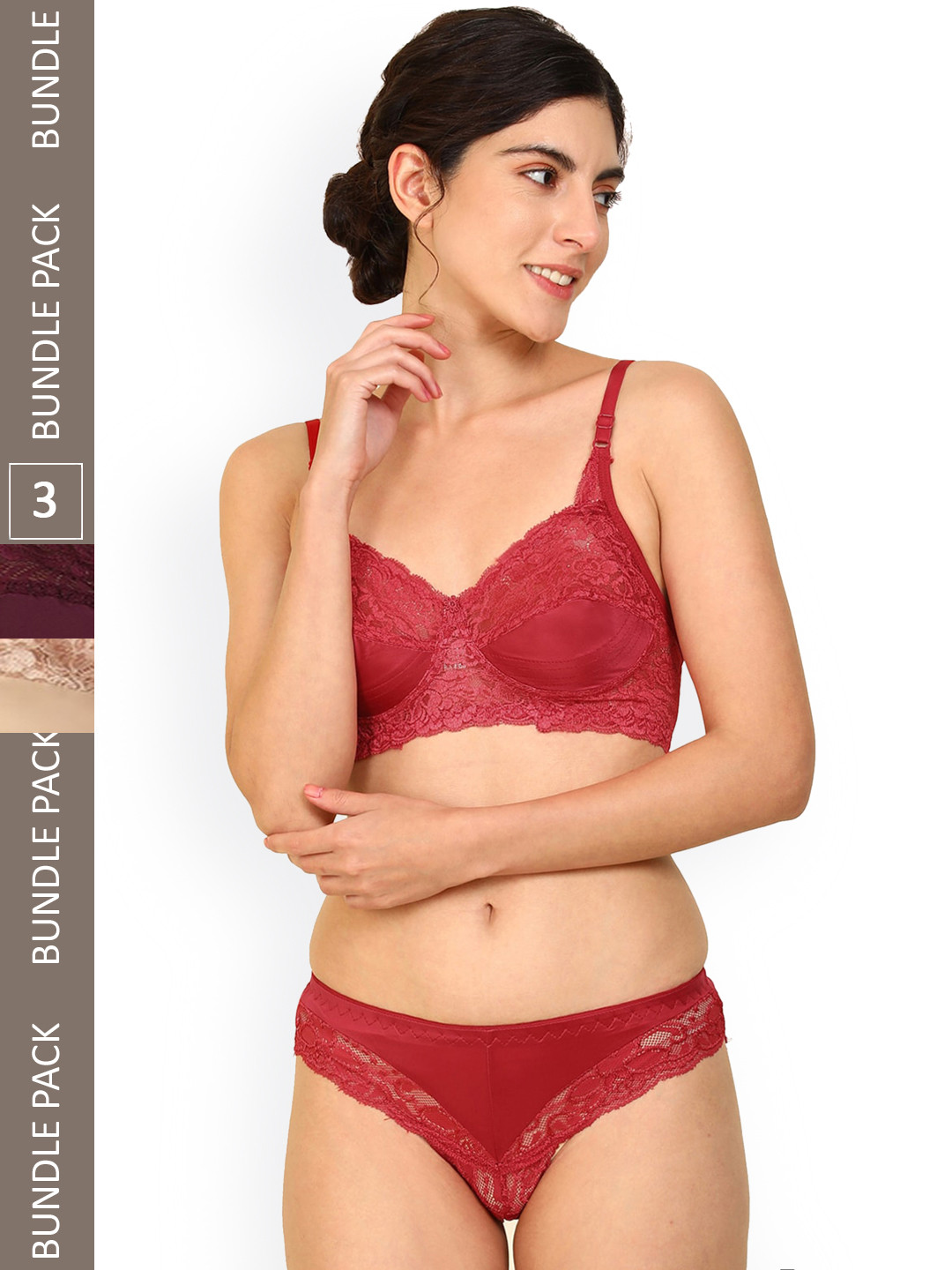 AROUSY Women Pack Of 2 Self Design Laced Lingerie Set M_Stich_Brown,Maroon,Blue,Red_30