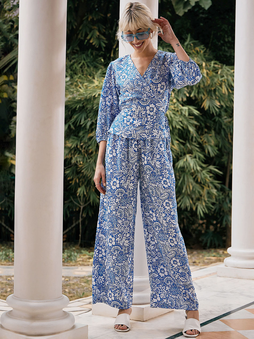 SASSAFRAS Floral Printed V-Neck Wrap Top With Palazzo