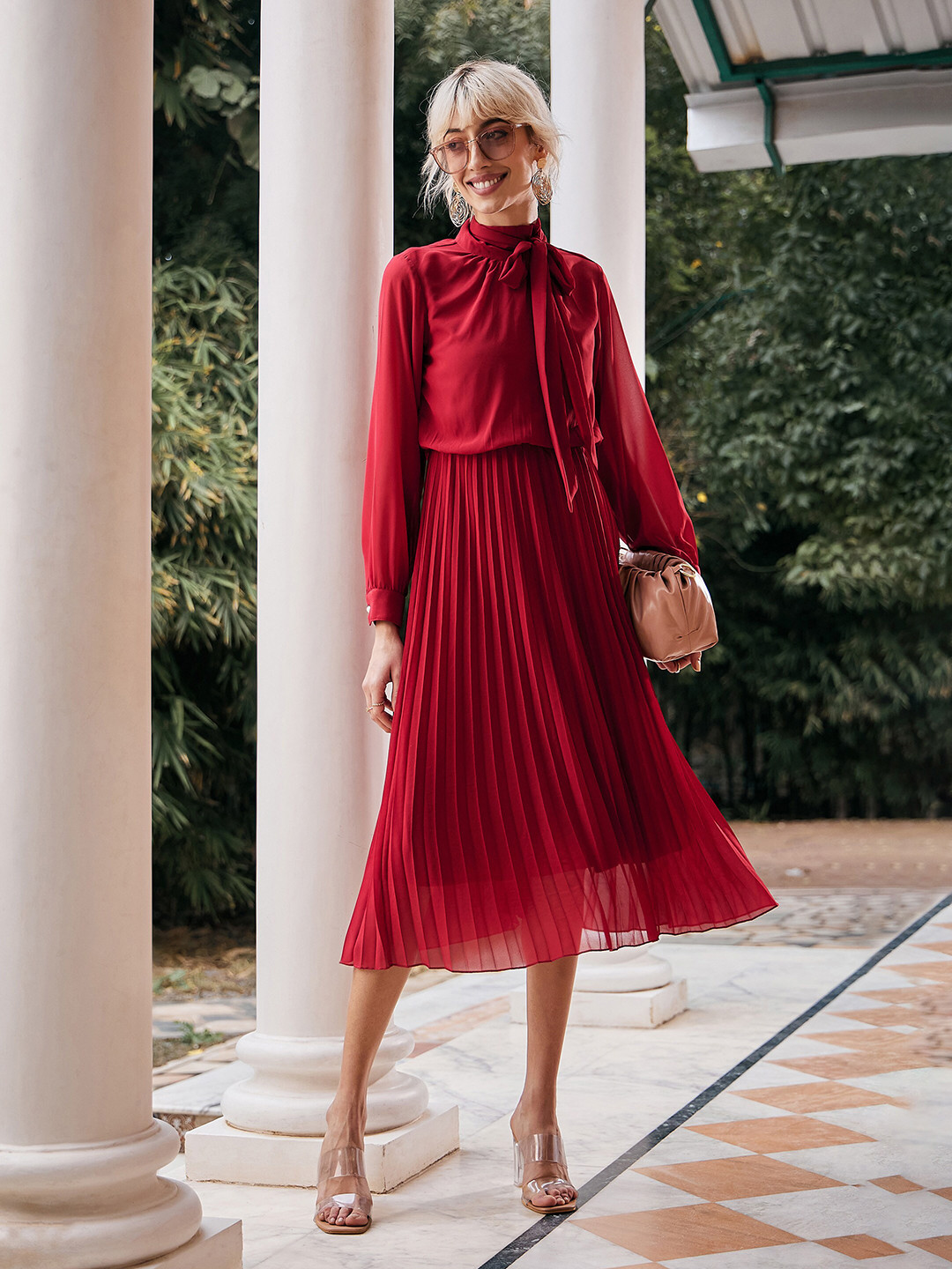 SASSAFRAS  Pleated Or Gathered Tie-Up Neck Georgette A-Line Dress