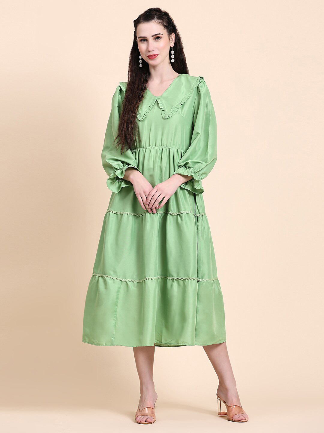 Rediscover Fashion Above the Keyboard Collar Puff Sleeves Crepe Midi Dress