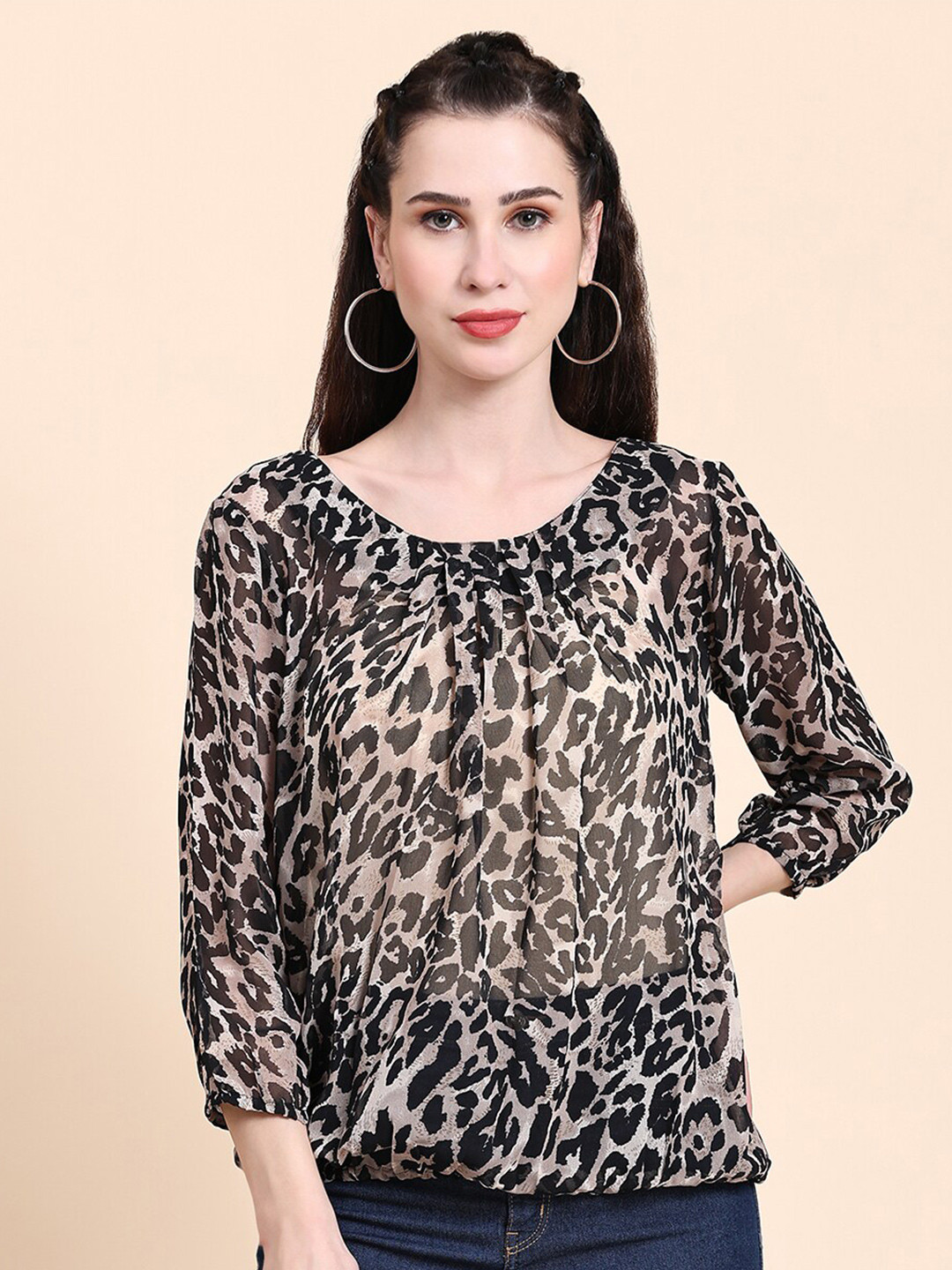 Rediscover Fashion Animal Printed Pleated Blouson Top