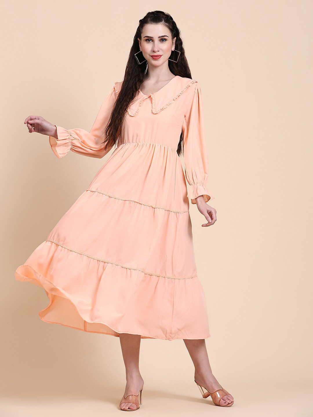 Rediscover Fashion Peter Pan Collar Puff Sleeves Fit & Flare Midi Dress
