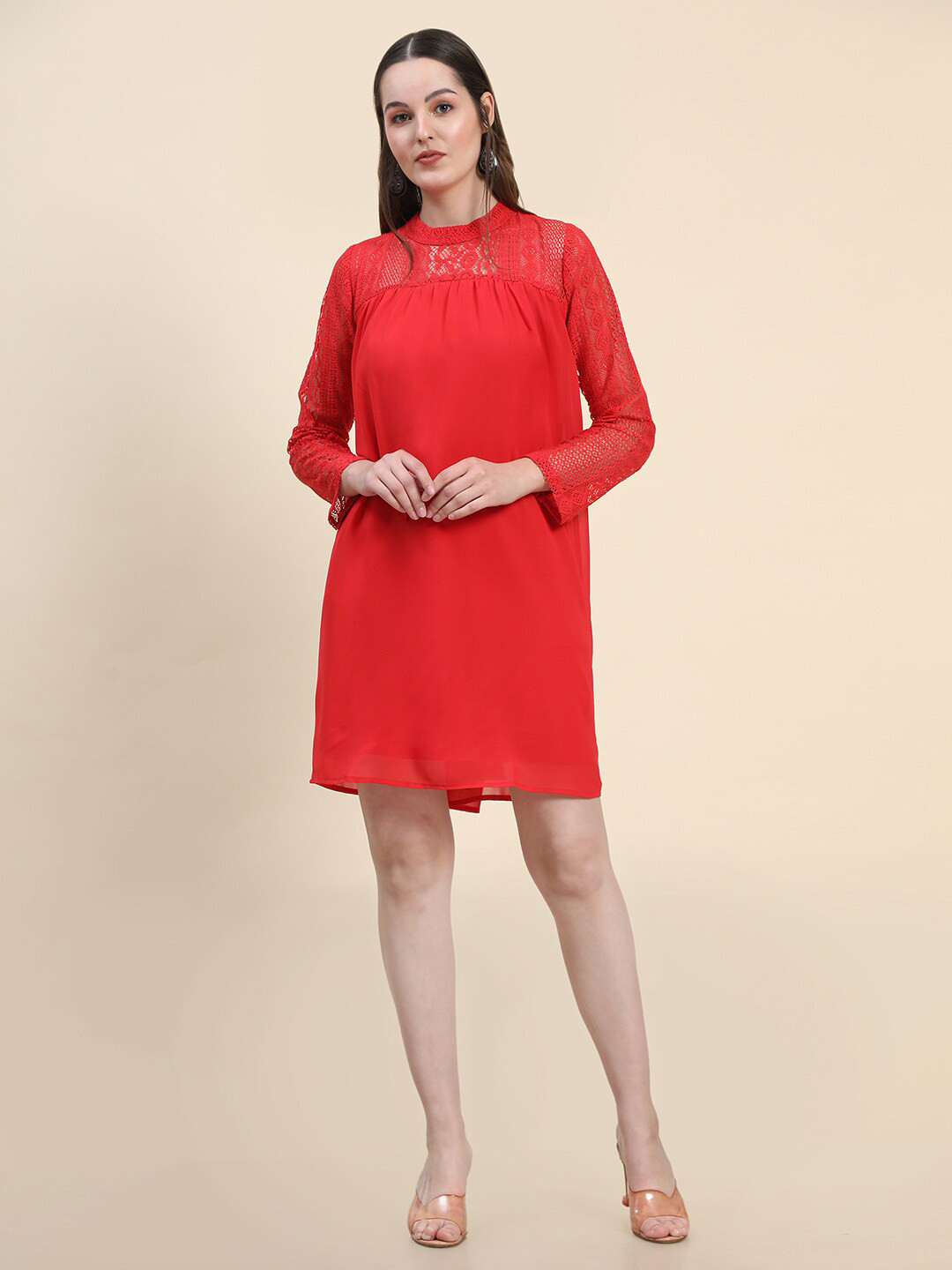 Rediscover Fashion Lace inserts Georgette A-Line Dress