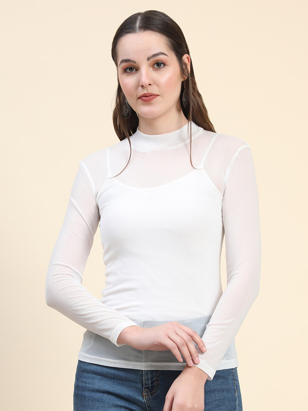 Rediscover Fashion High Neck Sheer Net Top