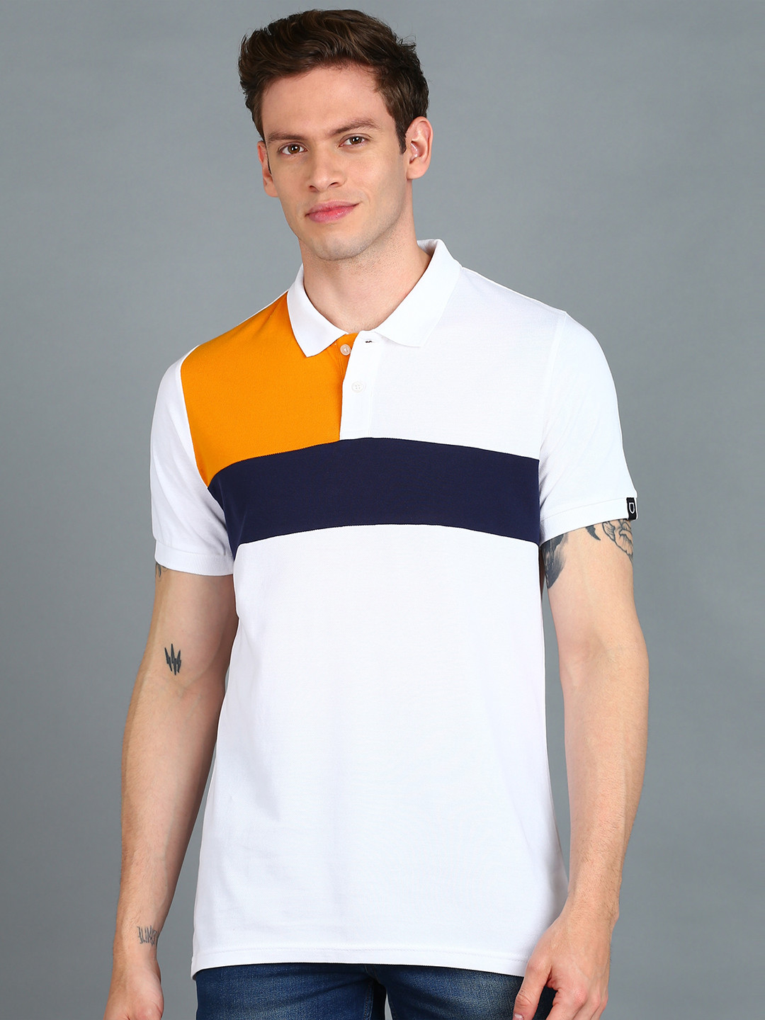 Urbano Fashion Colourblocked Polo Collar Cotton Slim Fit T-shirt