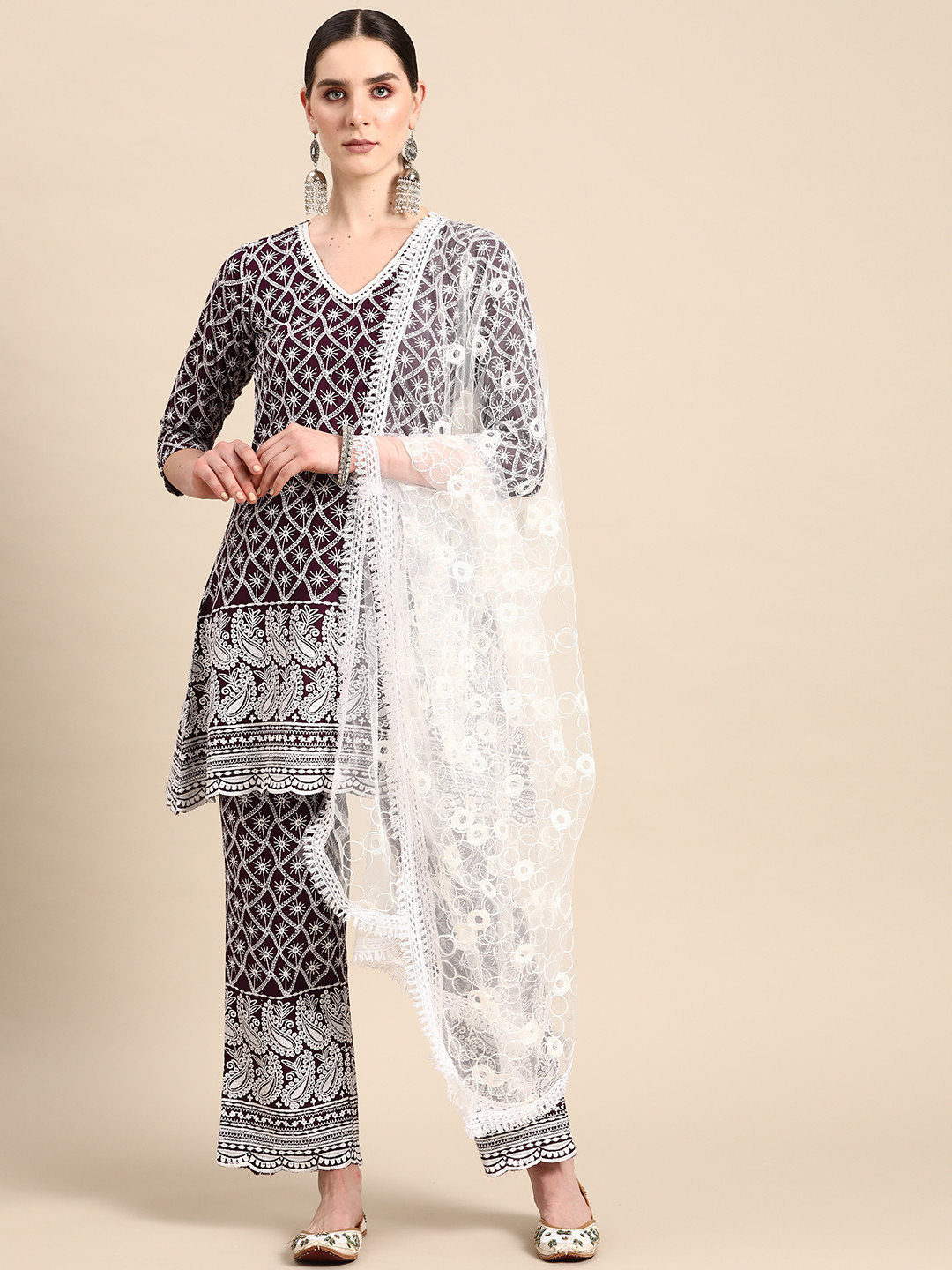Anouk Embroidered Sequinned Kurti With Palazzos & Dupatta
