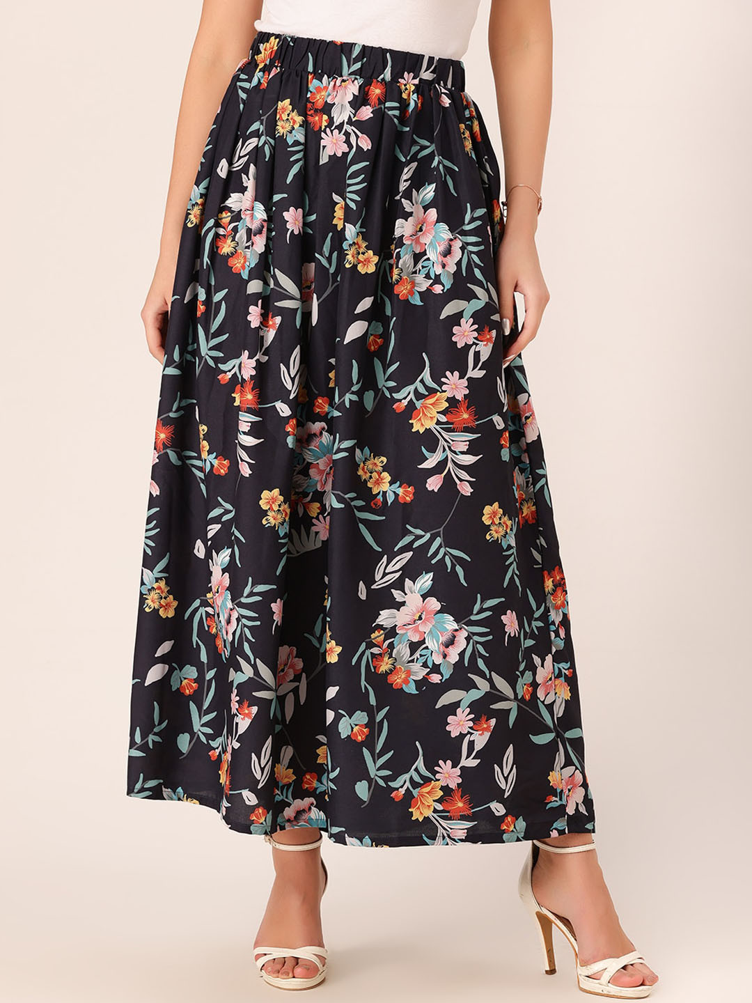 DressBerry Navy Blue Floral Printed Flared Maxi Skirt