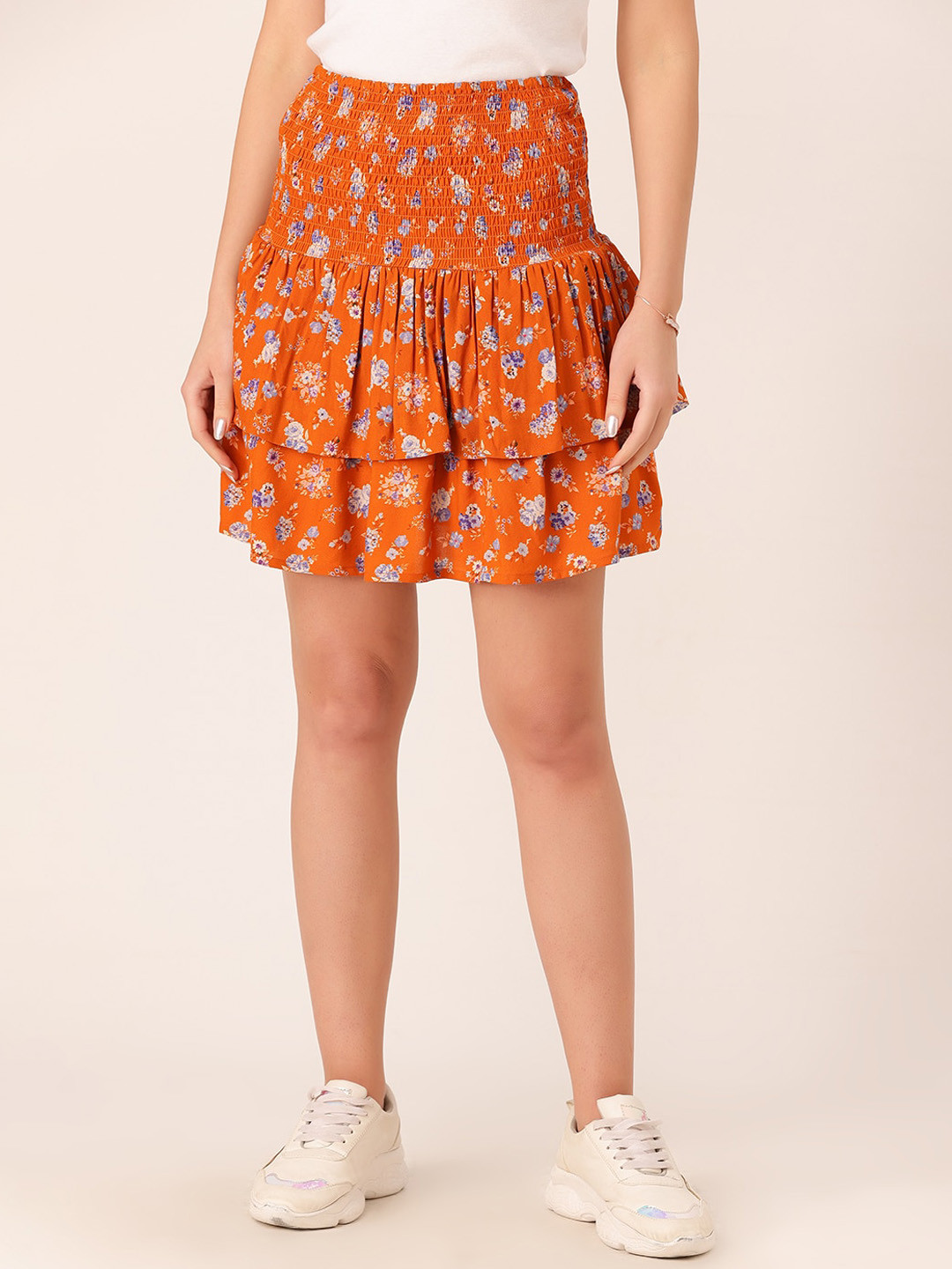 DressBerry Printed Smocked Ruffled Mini Skirt