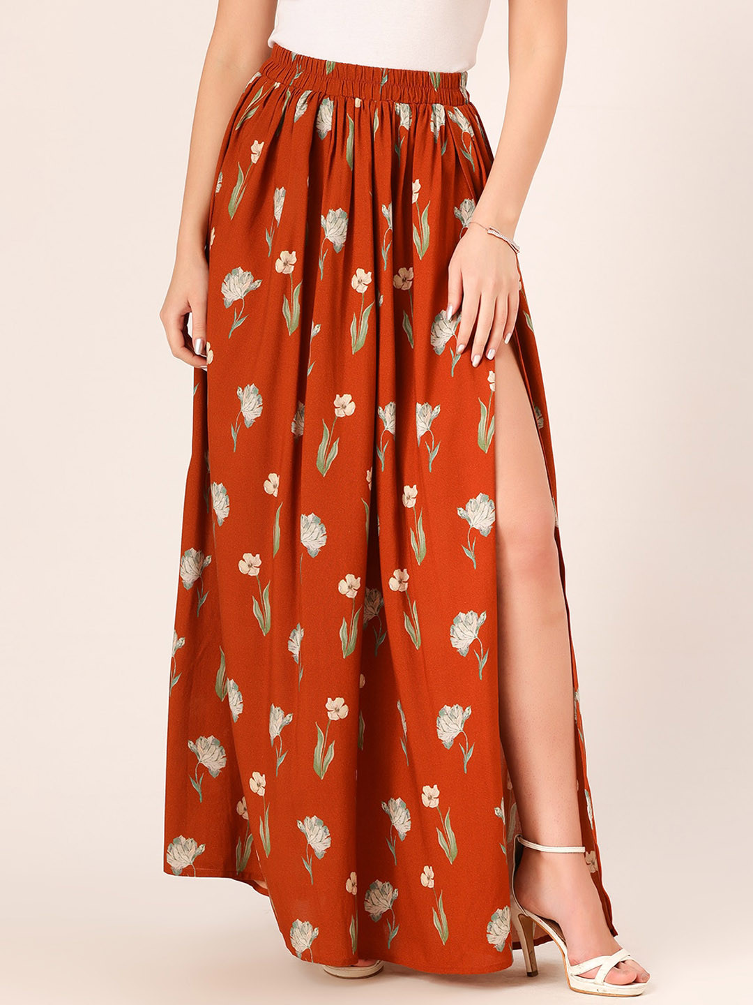 DressBerry Floral Printed Side Slit Flared Long Skirt