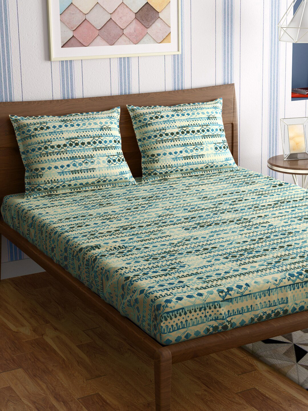 PETAL HOME Jharokha Teal Ethnic Motifs Pure Cotton Skin-Friendly 300 TC Queen Fine Bedsheet with 2 Pillow Covers-90 x 100 inches