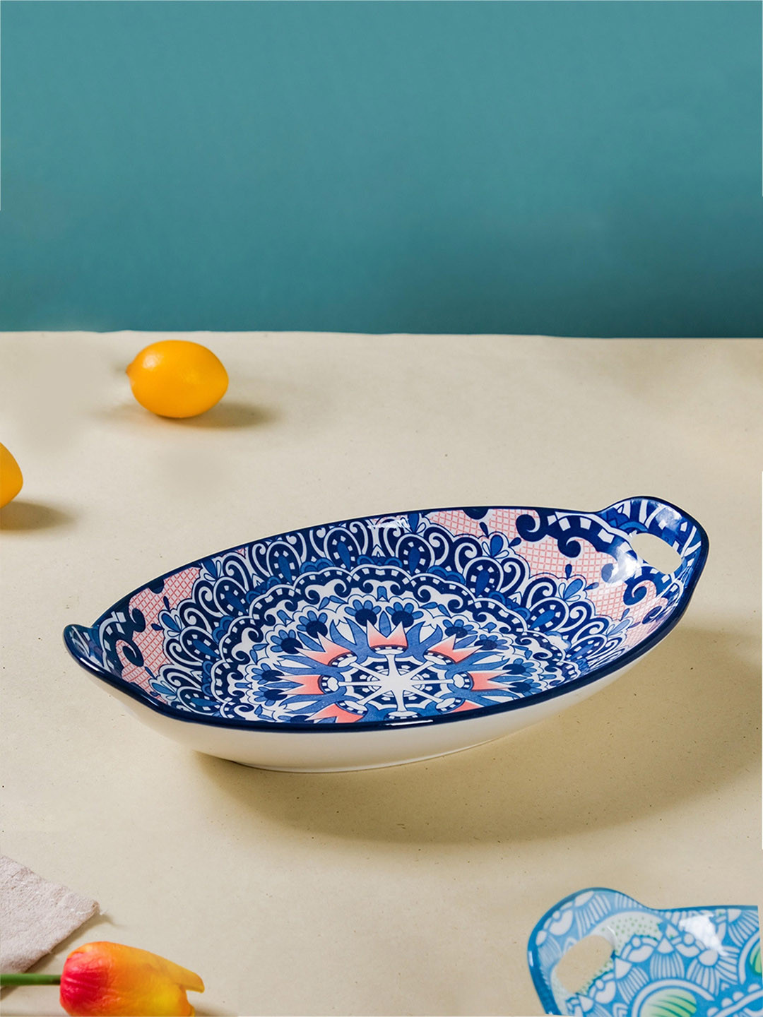 Nestasia White & Blue Mandala Printed Ceramic Bakeware With Handle