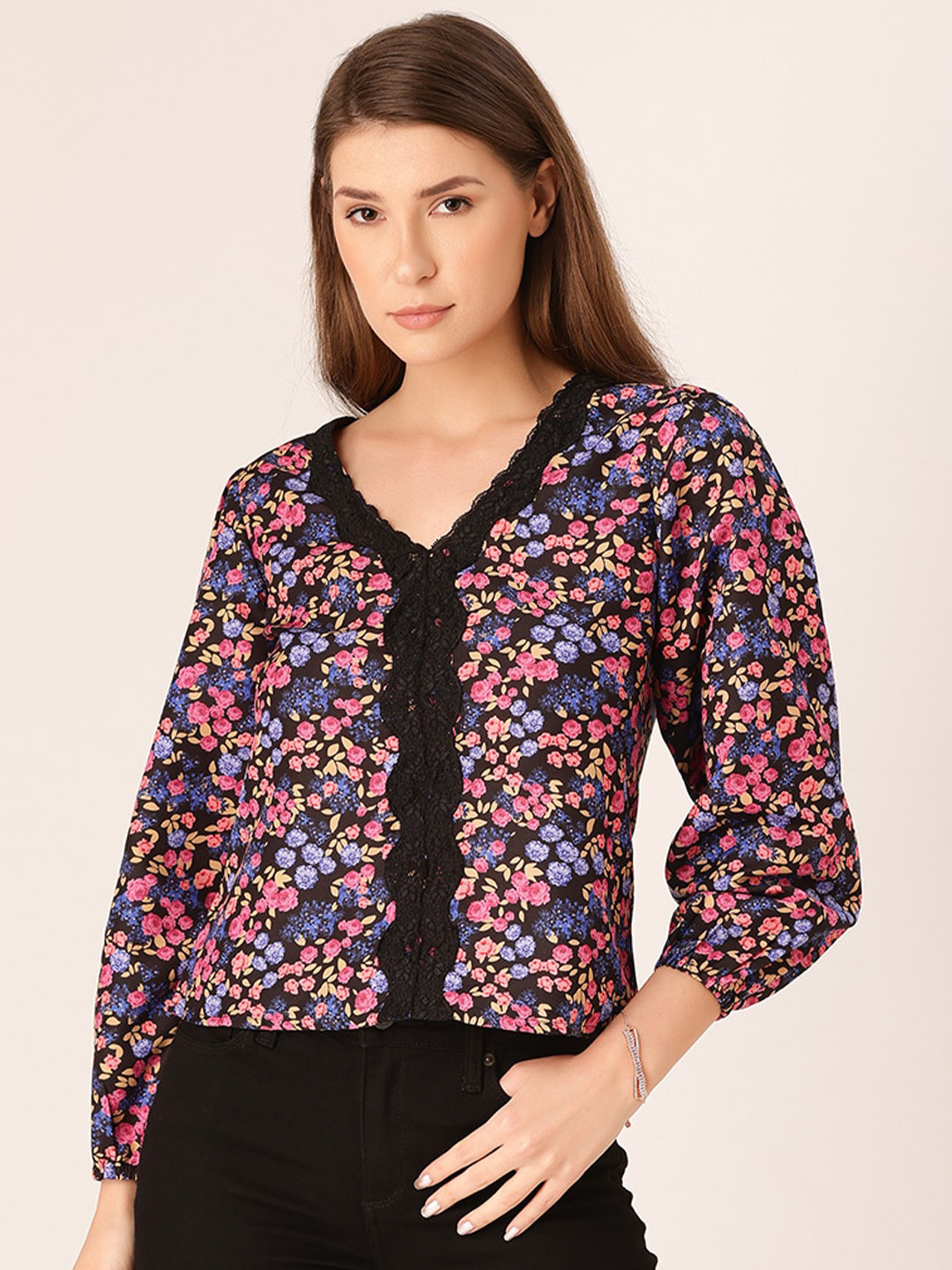 DressBerry Floral Printed Lace Inserted Top