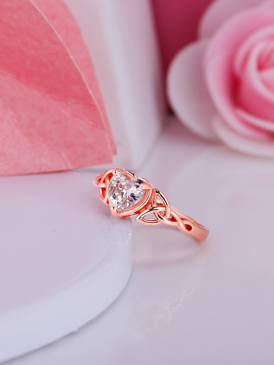 GIVA 925 Sterling Silver Rose Gold-Plated Cubic Zirconia-Studded Finger Ring