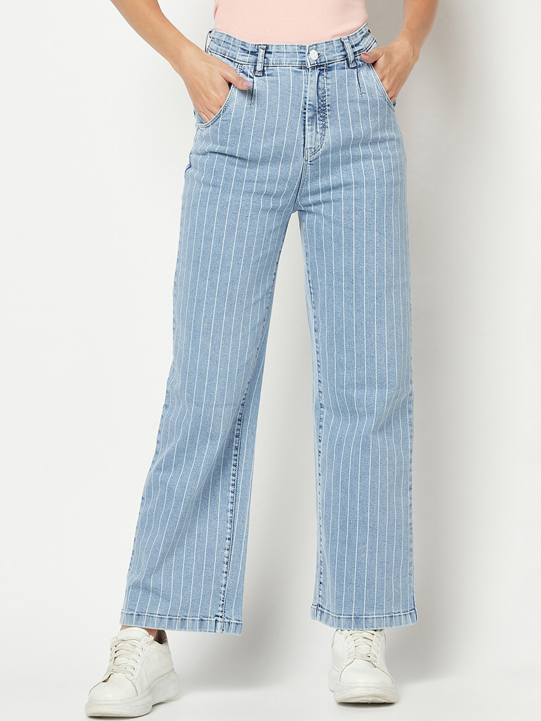 Crimsoune Club Women Comfort Wide Leg Striped High-Rise Stretchable Jeans
