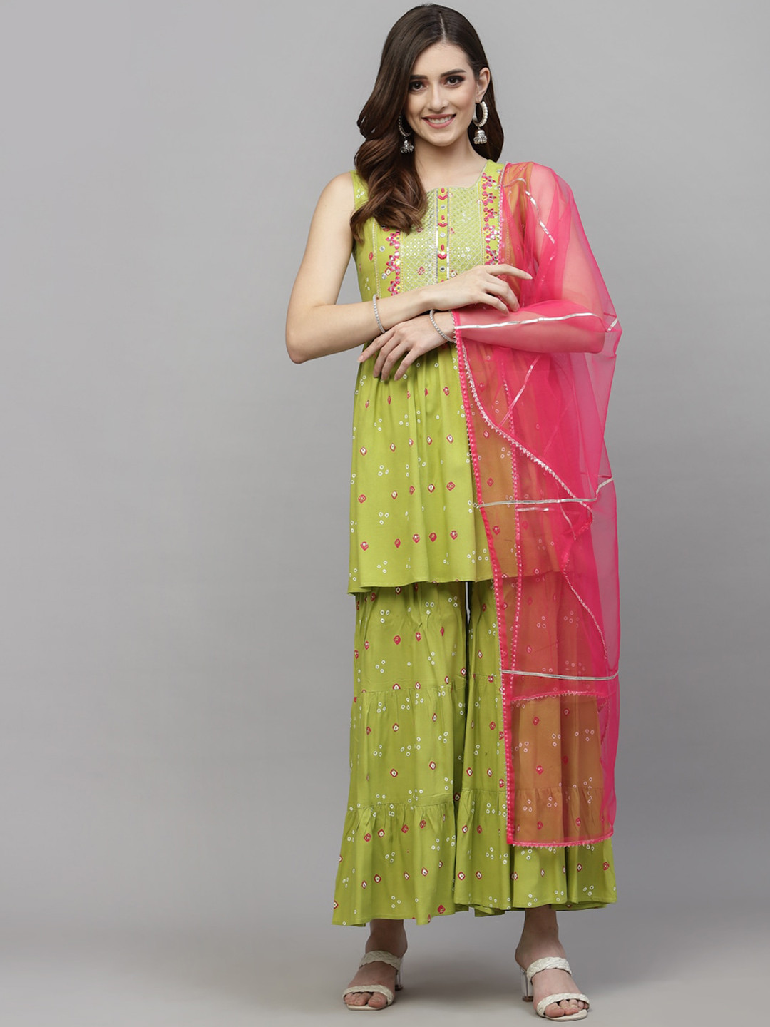 Stylum Round Neck Bandhani Embroidered Pleated A-Line Kurti With Sharara & Dupatta