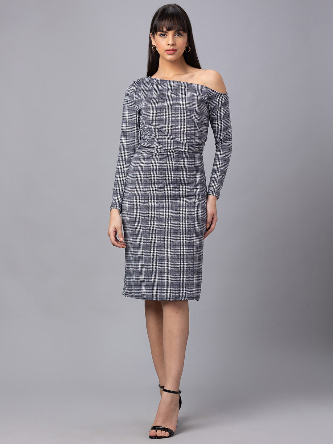 Globus Checked Off-Shoulder Sheath Dress