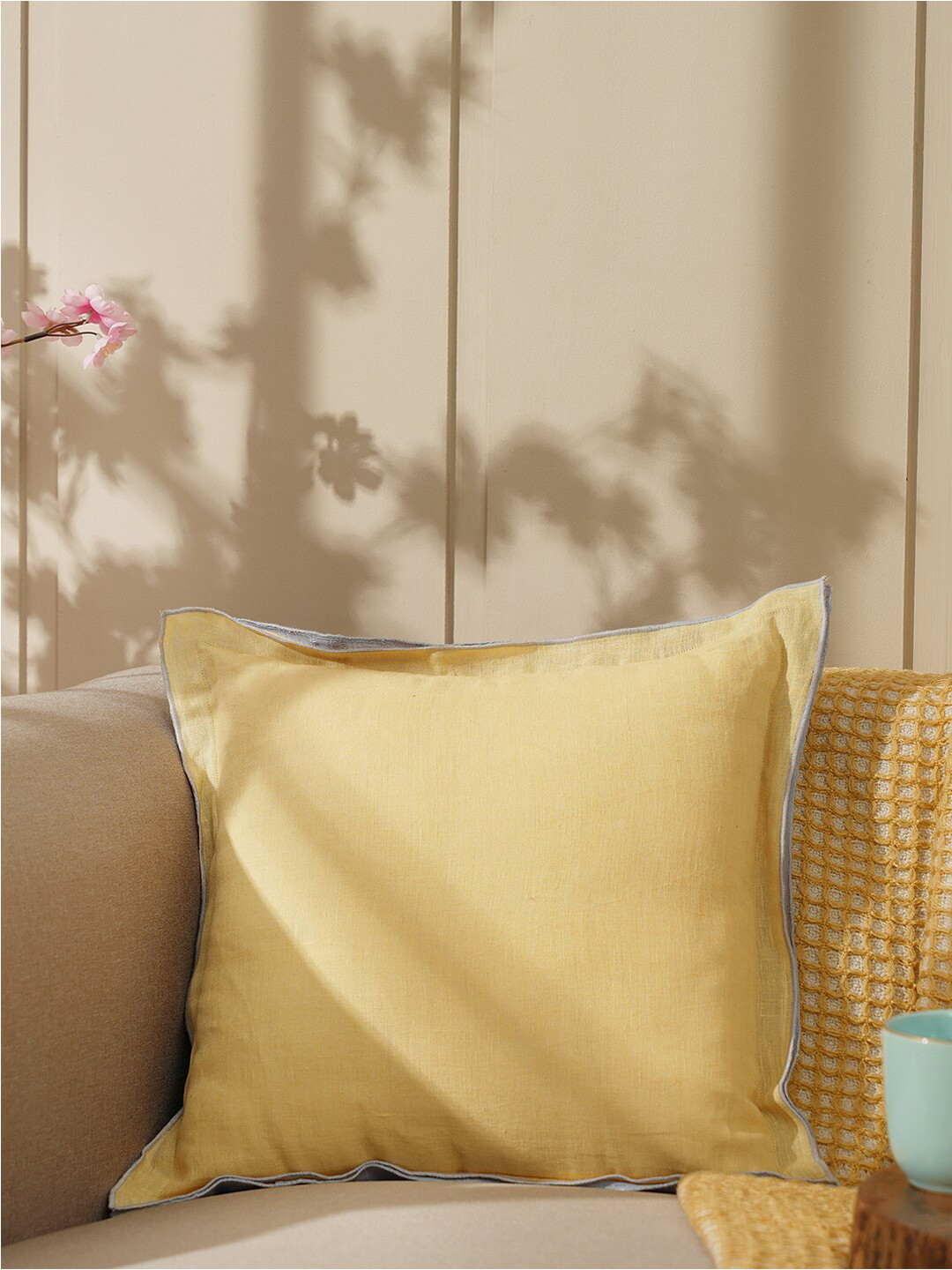 Pure Home and Living Yellow Linen Breathable Square Cushion Cover -16x16In