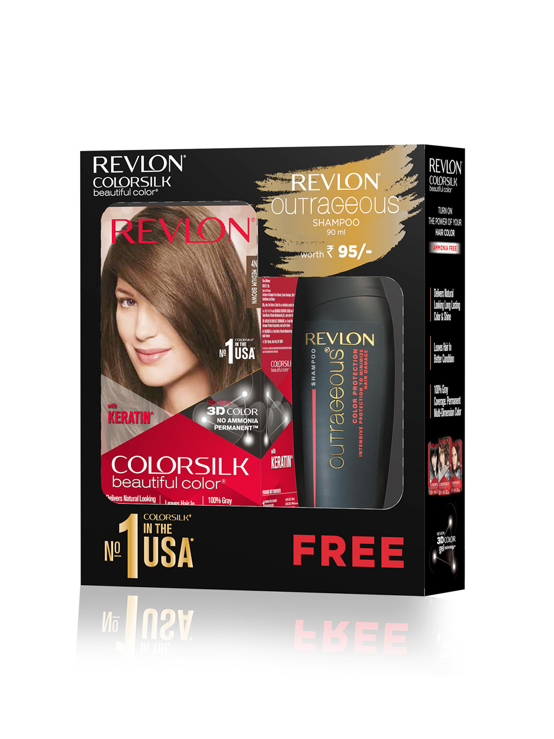 Revlon ColorSilk No Ammonia Hair Colour 80ml - Medium Brown 4N with Free Shampoo 90ml