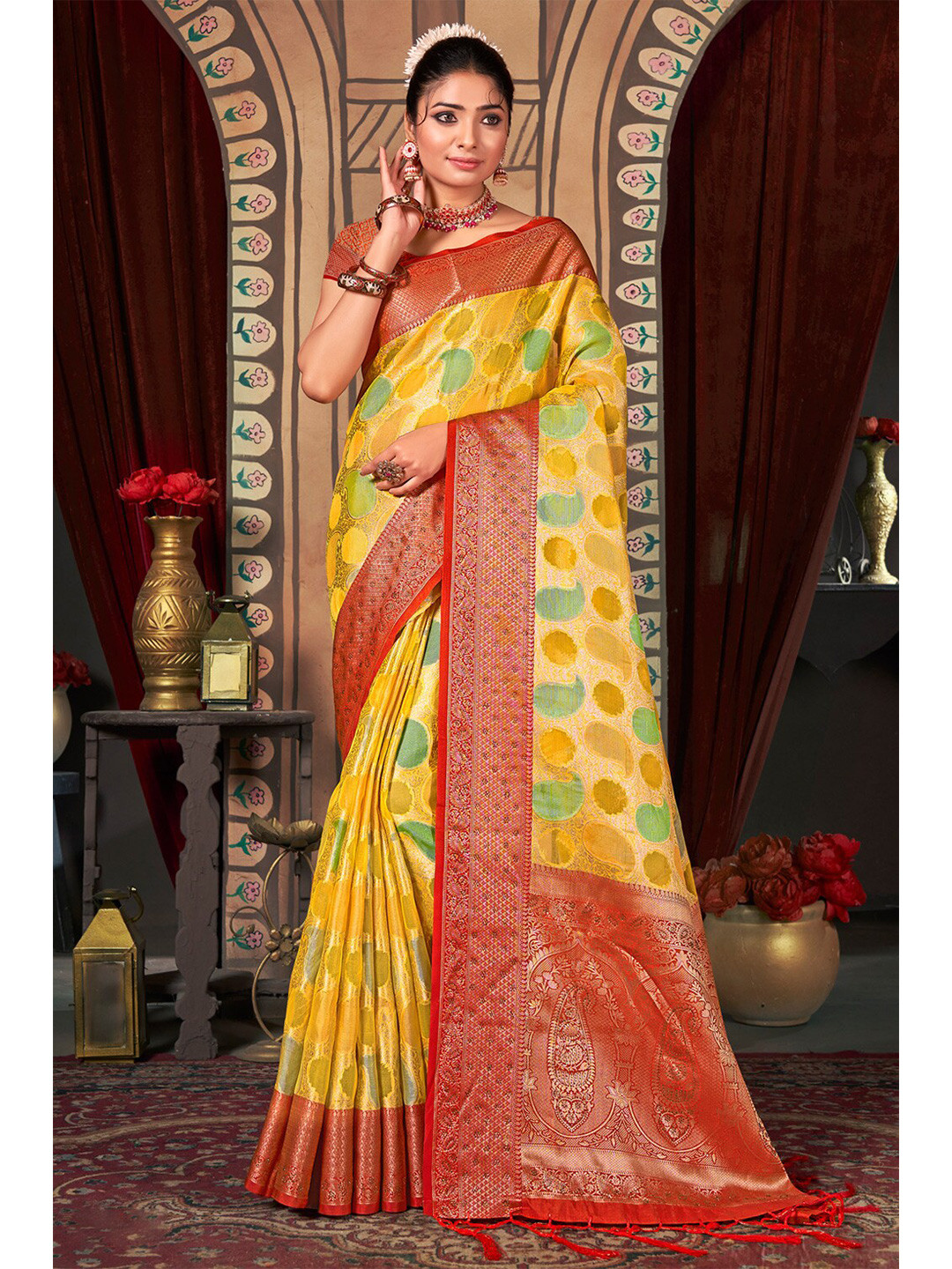 SANGAM PRINTS Paisley Woven Design Zari Organza Saree